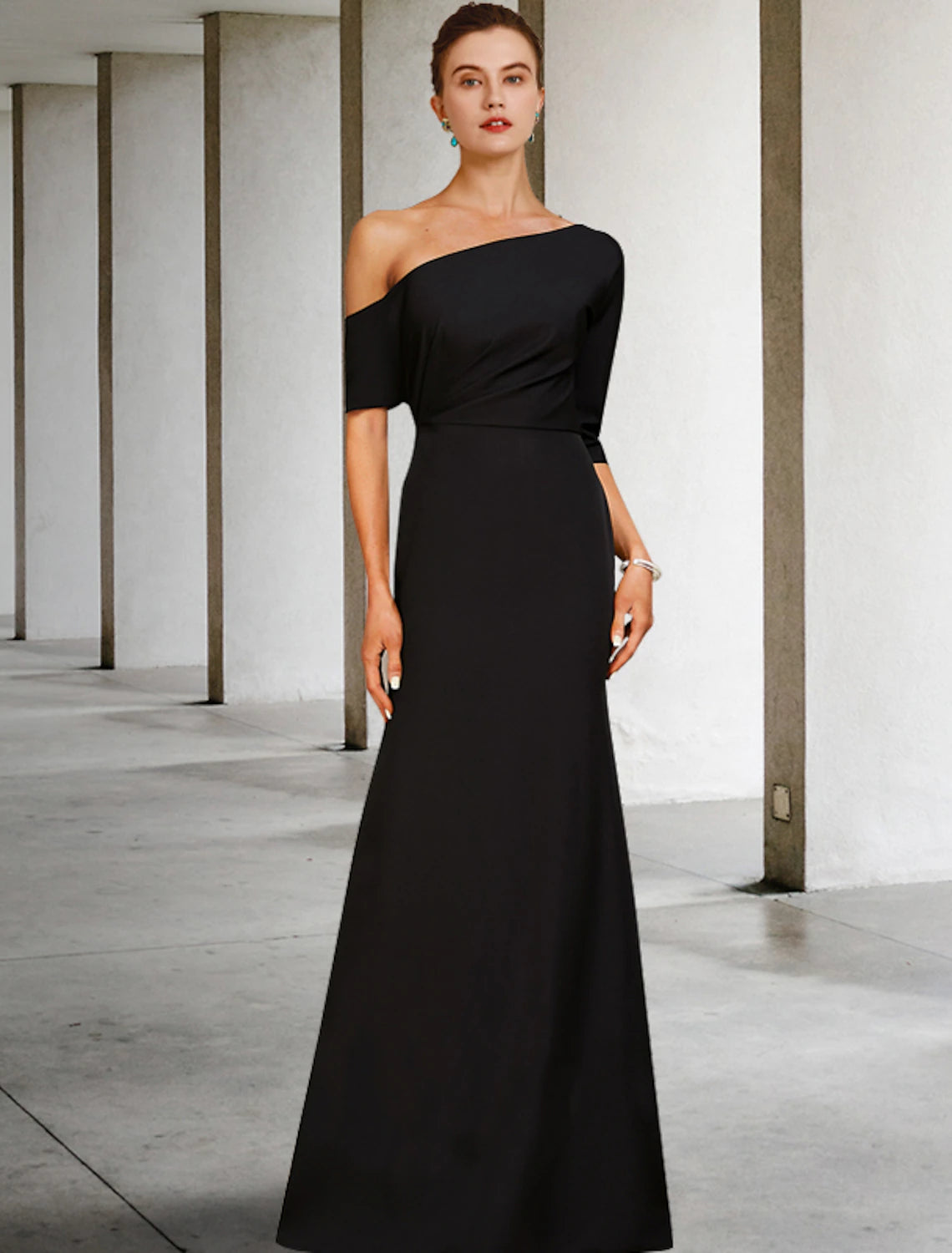 Wholesale  A-Line Mother of the Bride Dress Fall Wedding Guest Vintage Elegant One Shoulder Floor Length Charmeuse 3/4 Length Sleeve with Ruffles Side-Draped
